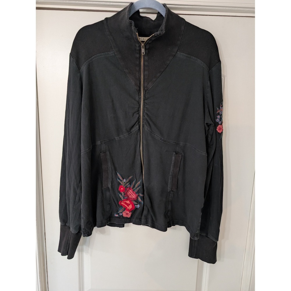 Caite Womens XXL Black Floral Embroidered Full Zip Mock Neck Jacket artsy